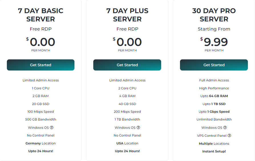 RDPHosted plans and price